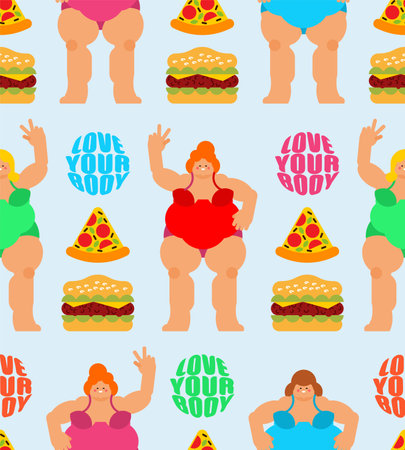 Body-positivity pattern seamless. Fat cheerful woman background. vector textureのイラスト素材