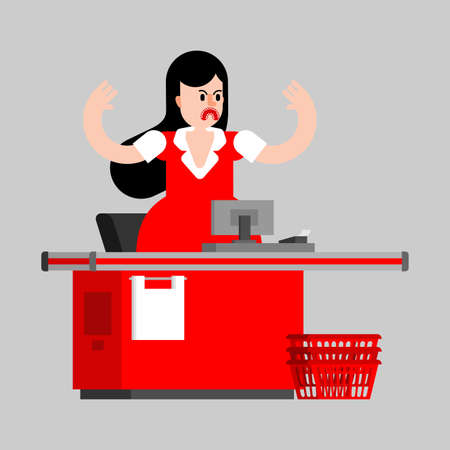 Angry cashier at checkout counter in supermarketのイラスト素材