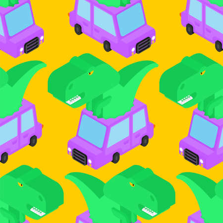 Dinosaur in car pattern seamless. Tyrannosaurus rides auto background. T-rex in vehicle texture. Baby fabric ornamentのイラスト素材