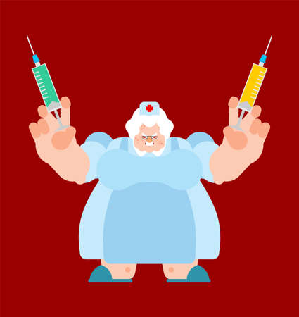 Angry nurse. sinister doctor with two syringesのイラスト素材