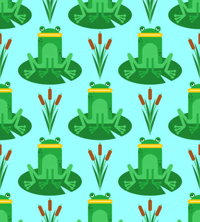 Frog cartoon pattern seamless. frog sitting on lily background. Swamp with frogs textureのイラスト素材
