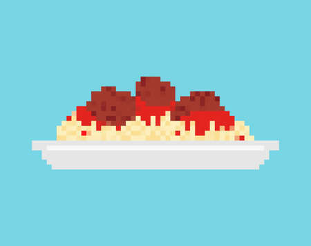 Pasta with meatballs pixel art 8 bit. Food pixelated vector illustrationのイラスト素材