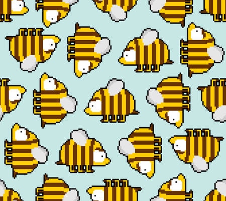 Bee pixel art 8 bit pattern seamless. pixelated honeybee 8bit vector backgroundのイラスト素材