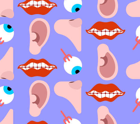 Human sensory organs pattern seamless. Nose, ear, eye, mouth. Anatomy backgroundのイラスト素材
