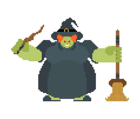 Witch pixel art isolated. 8bit Angry sorceress. vector illustrationのイラスト素材