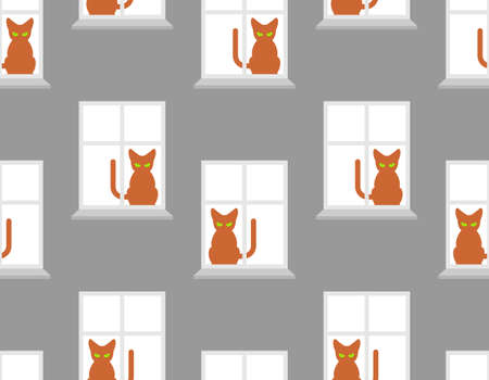 Cat in window pattern seamless. Pet background. vector textureのイラスト素材