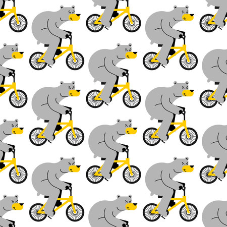 Bear on bicycle pattern seamless. Beast is riding bicycle background. Baby fabric texture. Cartoon childrens ornamentのイラスト素材