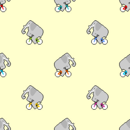 Elephant on bicycle pixel art pattern seamless. pixelated animal is riding bicycle background. 8 bit Cartoon childrens ornament. Baby fabric textureのイラスト素材