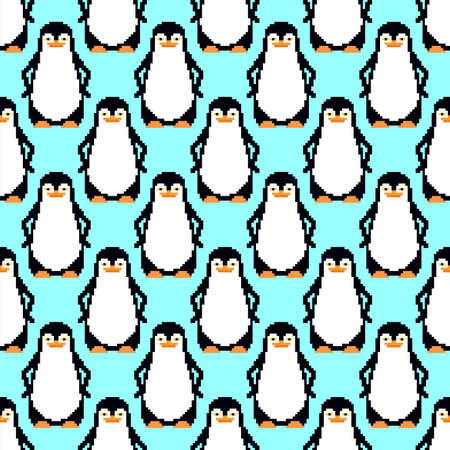 Penguin pixel art pattern seamless. pixelated flightless seabird background. 8 bit vector textureのイラスト素材