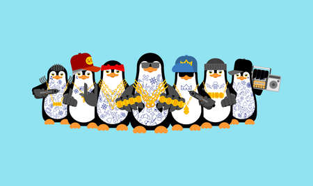 Penguin mafia gang Gangsta. Angry seabird bully member of gang of street criminals. Tattoos and weapons, gold chain and gunのイラスト素材