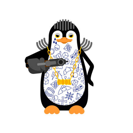 Penguin Gangsta mafia isolated. Angry seabird bully member of gang of street criminals. Tattoos and weapons, gold chain and gunのイラスト素材