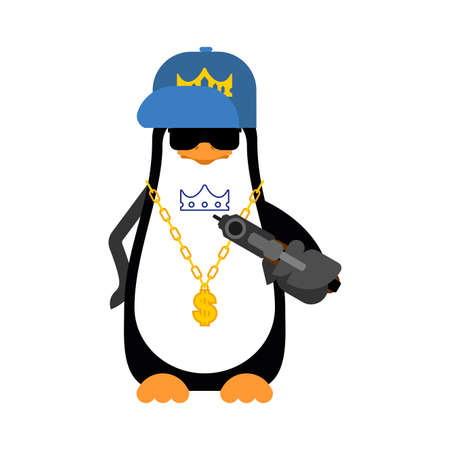 Penguin Gangsta mafia isolated. Angry seabird bully member of gang of street criminals. Tattoos and weapons, gold chain and gunのイラスト素材