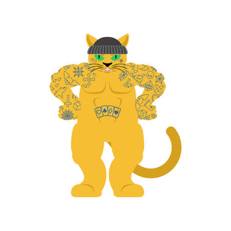 Cat Gangsta isolated. Angry pet bully member of gang of street criminals. Tattoos and weapons, gold chain and gunのイラスト素材