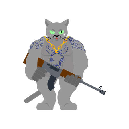 Cat Gangsta isolated. Angry pet bully member of gang of street criminals. Tattoos and weapons, gold chain and gunのイラスト素材