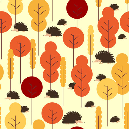 Hedgehog in autumn forest pattern seamless. Autumn background. vector texture. Baby fabric ornamentのイラスト素材