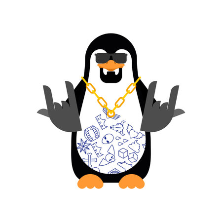 Penguin Gangsta mafia isolated. Angry seabird bully member of gang of street criminals. Tattoos and weapons, gold chain and gunのイラスト素材