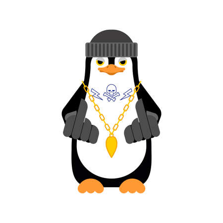 Penguin Gangsta mafia isolated. Angry seabird bully member of gang of street criminals. Tattoos and weapons, gold chain and gunのイラスト素材