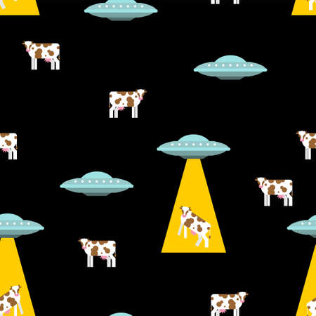 Ufo and cow pattern seamless. Alien flying saucer and cows background. Concept of extraterrestrial civilizations and Experiments on another planetのイラスト素材