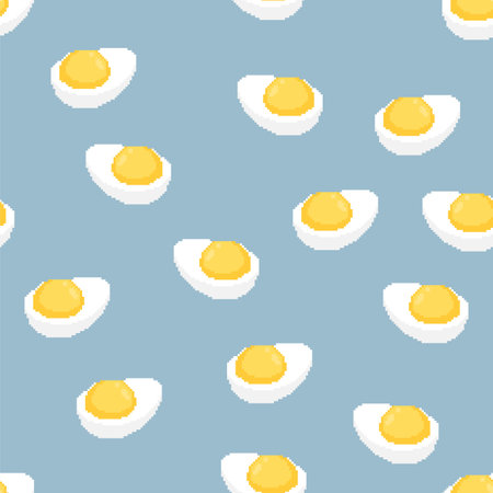 Boiled egg pixel art pattern seamless. Half an egg 8 bit background. pixelated food vector textureのイラスト素材