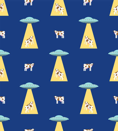 Ufo and cow pattern seamless. Alien flying saucer and cows background. Concept of extraterrestrial civilizations and Experiments on another planetのイラスト素材