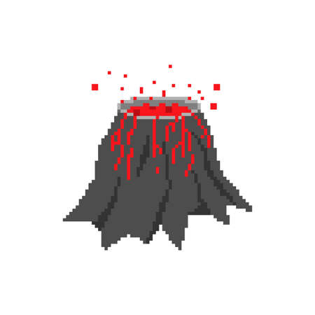 Volcano pixel art. pixelated Mountain with crater and lava. 8 bit vector illustrationのイラスト素材