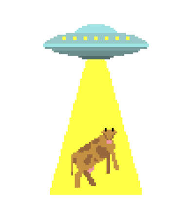 Ufo steals cow pixel art. pixelated Alien flying saucer and cows 8 bit. Concept of extraterrestrial civilizations and Experiments on another planetのイラスト素材