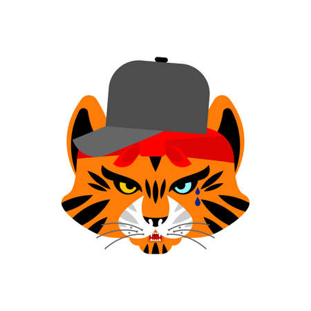 Tiger Gangsta isolated. Angry Big wild striped cat bully member of gang of street criminals. Tattoos and weapons, gold chain and gunのイラスト素材