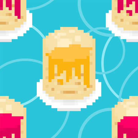 Pancakes with jam pixel art pattern seamless. 8bit Stack of pancakes background. pixelated Food...