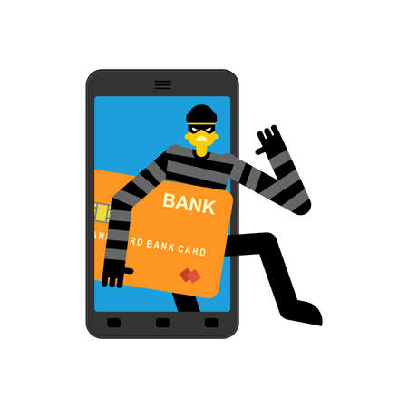 Online theft of money. Thief steals money from gadget. Internet stealing Bank card. Burglar and smartphoneのイラスト素材