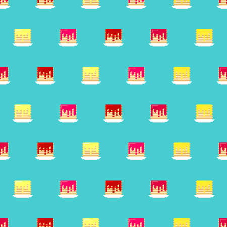 Pancakes with jam pixel art pattern seamless. 8bit Stack of pancakes background. pixelated Food...