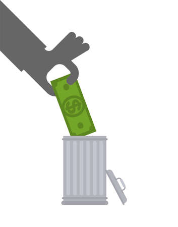 Throw away money. Cash in trash can. Throw currency in trash.のイラスト素材
