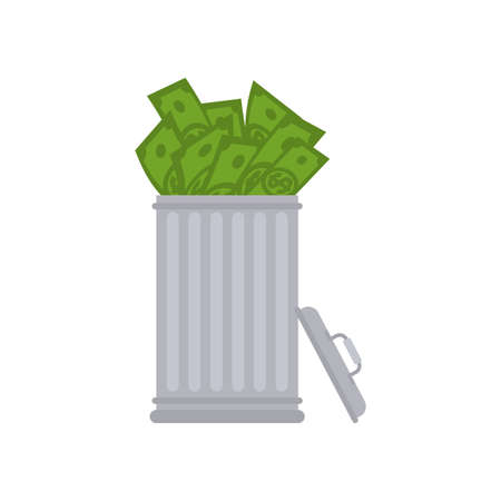 Throw away money. Cash in trash can. Throw currency in trash.のイラスト素材