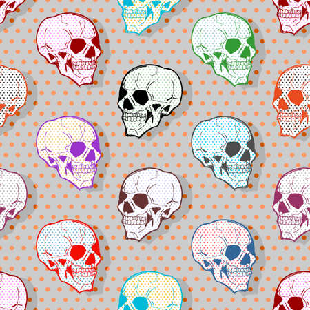 Skull pop art pattern seamless. head skeleton background. retro vector textureのイラスト素材