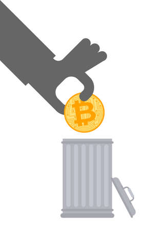 Throw away bitcoin. Cryptocurrency in Trash can. Throw e-money in trashのイラスト素材