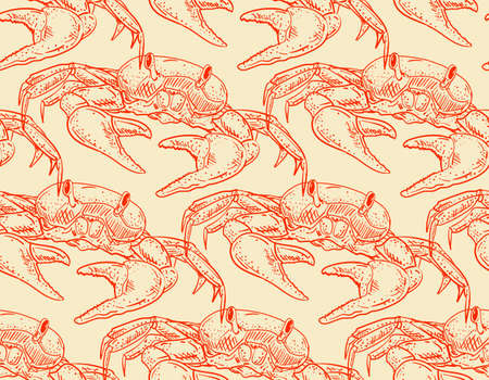Crab pattern seamless hand drawing sketch. linear sea cancer background. baby fabric decorationのイラスト素材