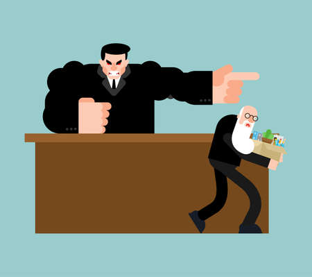 Ageism Age discrimination. The boss fires the grandfather. Fire the old man. Dismissal of a pensioner conceptのイラスト素材
