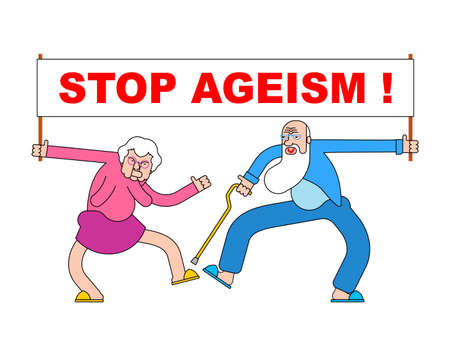 Stop ageism seniors with placard. Retirees Against Age Discriminationのイラスト素材