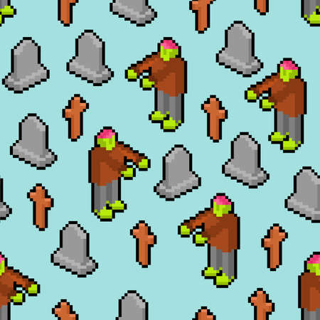 Zombie pixel art pattern seamless. 8 bit Dead man in Cemetery. monster background. pixelated zombie...