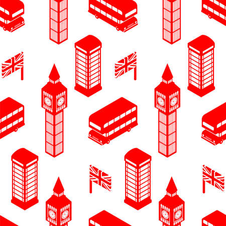 London pattern seamless. United Kingdom background. Landmark of London set icon. Red double decker and phone booth. UK flag and Big Ben towerのイラスト素材