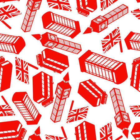 London pattern seamless. United Kingdom background. Landmark of London set icon. Red double decker and phone booth. UK flag and Big Ben towerのイラスト素材