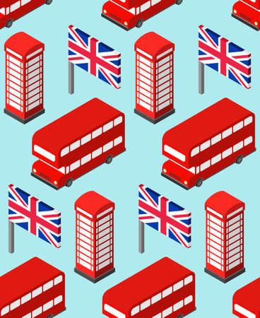 London pattern seamless. United Kingdom background. Landmark of London set icon. Red double decker and phone booth. UK flag and Big Ben towerのイラスト素材