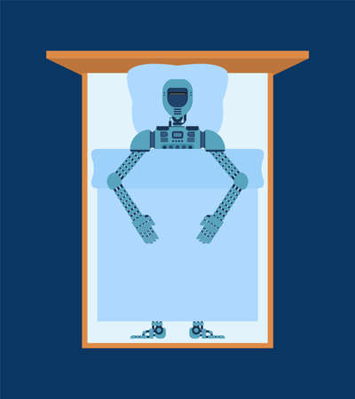 Robot sleeps in bed. Charging cyborg. concept of the futureのイラスト素材