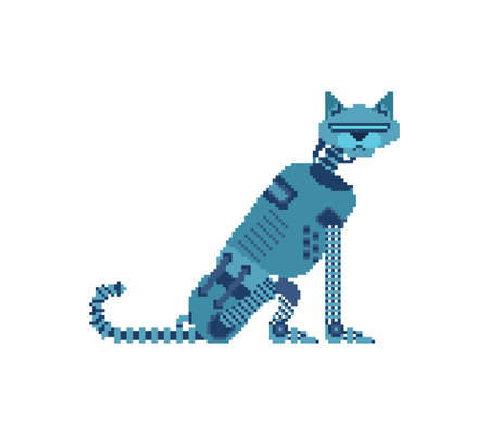 Robot cat pixel art. 8 bit Cyborg cat. pixelated Robotic iron pet. vector illustrationのイラスト素材