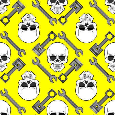 Skull and Engine piston pattern seamless. motorcycle pistons background. car workshop textureのイラスト素材