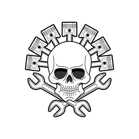 Skull and Engine piston sign. motorcycle piston icon. car workshop symbolのイラスト素材