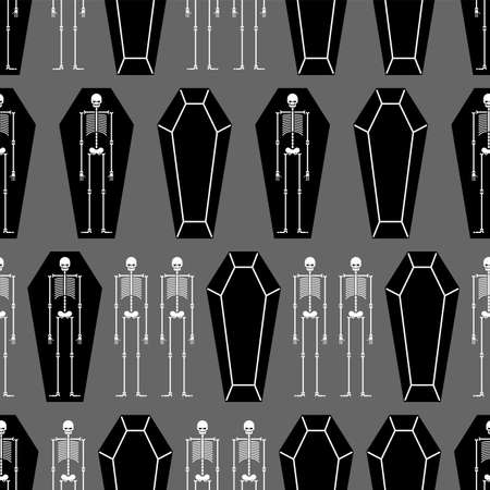 Skeleton and coffin pattern seamless. Dead man in a tomb background. vector textureのイラスト素材