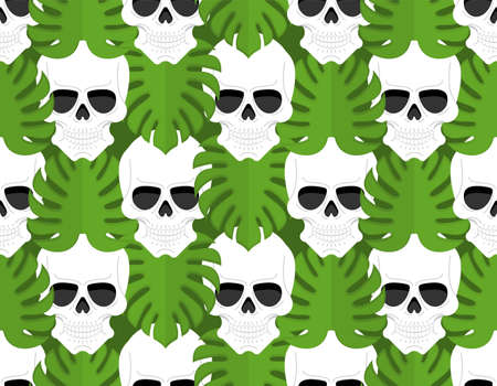 Skull and monstera pattern seamless. skeleton head and tropical leaves backgroundのイラスト素材