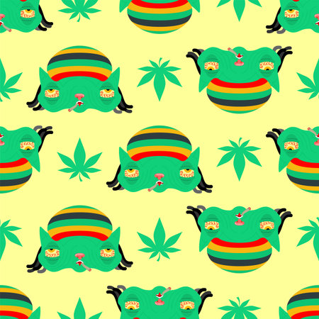 Stoned rasta cat pattern seamless. trippy pet. background Cat addict with red eyes texture.のイラスト素材