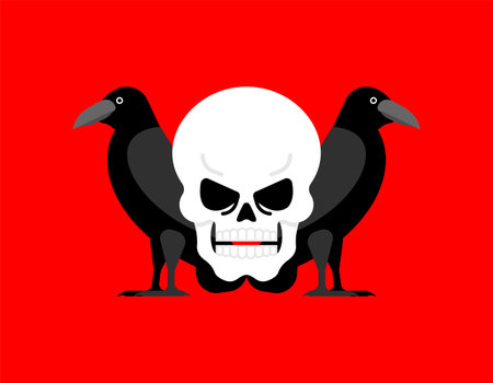 Black raven and skull. Black crow symbol of deathのイラスト素材