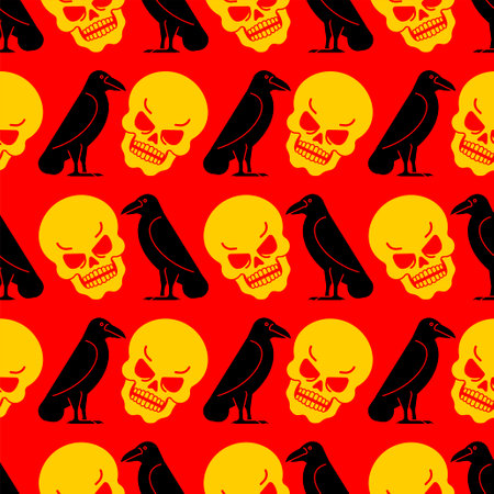 Black raven and skull Pattern seamless. Black crow symbol of death Backgroundのイラスト素材